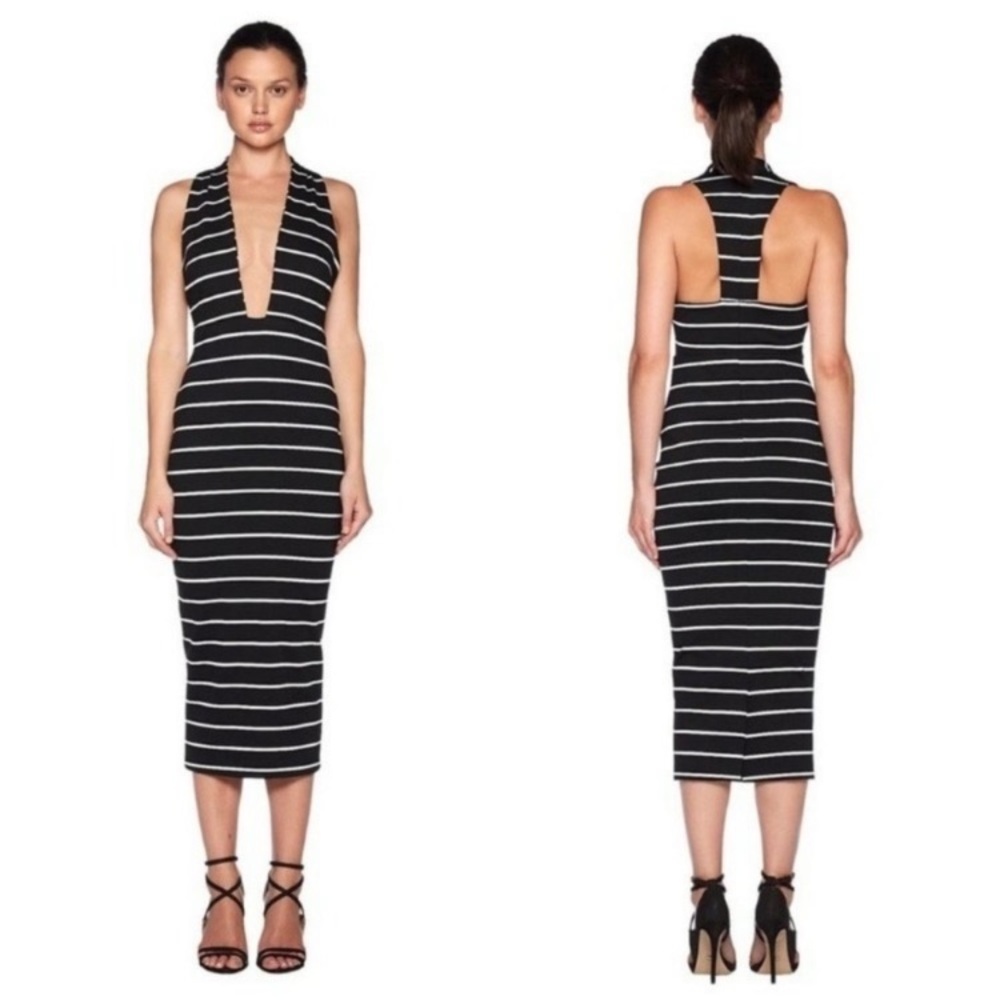 Revolve Bec & Bridge NWT Jedi Deep V-Neckline Black Bodycon Stripe Dress 4 $230